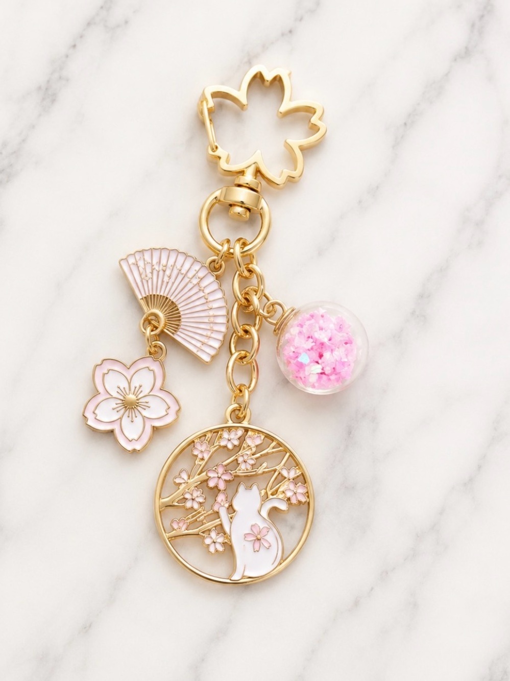 Bag Charm/Keyring-Pink Sakura Floral and Cat Charm-Gold Hardware